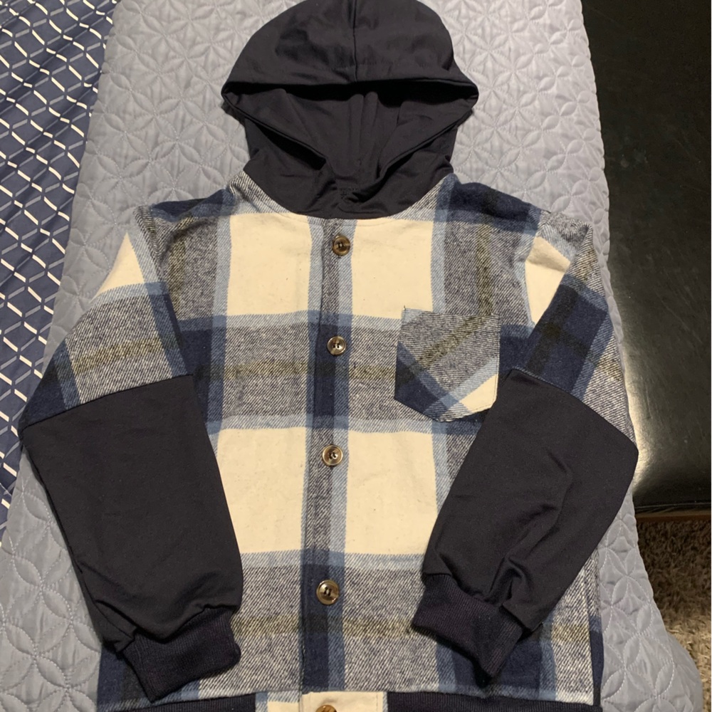 Plaid shirt/jacket. Button front, hooded, machine wash